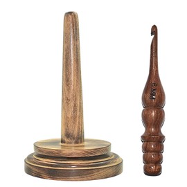 NAAZ Wood Arts® Wood Yarn Holder Anique + Crochet Hook, Wooden Yarn Holder, Wooden Yarn Rolling Holder with Twirling Mechanism (7" H x 4" W)