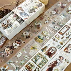 Snycler Pre-Cut Brown Memory Themed PET Washi Tapes - Vintage Aesthetic Tape Stickers for Journaling, Scrapbooking, Junk Journals, Crafts, Planners - 4 Rolls