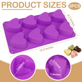 3 PCS Heart Shaped Silicone Molds 8 Cavities Heart Silicone Mold Baking Heart Muffin Pan Heart Shaped Mold Valentine Heart Silicone Mold for Making Chocolate, Candy, Soap and Jelly (Purple)