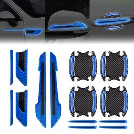12 Pieces Reflective Car Stickers Set, Rearview Mirror Reflective Warning Stickers Car Side Reflective Stickers Car Door Handle Sticker 3D Carbon Fiber Anti Scratches Protective Films (Blue)