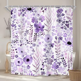 Riyidecor Riyidecor Purple Floral Shower Curtain for Bathroom Decor 72Wx72H Lilac Wildflower Watercolor Boho Cute Leaves Botanical Plant Funky Art Printed Fabric Polyester Waterproof 12 Pack Plastic Hooks