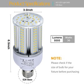 300W Equivalent LED Corn Light Bulb 5000 Lumen 5000K 30W Large Area Cool Daylight White E26/E27 Medium Base for Outdoor Indoor Garage Warehouse Factory Workshop Street Backyard (30 Watts 1Pack)