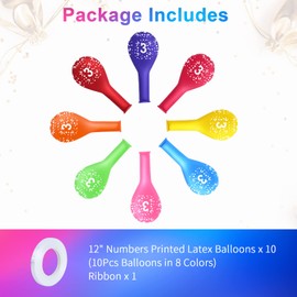 ONLYQIQIU 3rd Birthday Balloons, 12'' Multicoloured Numbers Printed Latex Age Balloons, Pack of 10 Birthday Balloons 3 for Girls Boys 3 Year Old Birthday Decorations, 3rd Anniversary Party Supplies