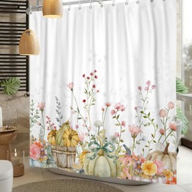 Sillsloso Fall Pumpkin Shower Curtain for Bathroom Watercolor Floral Autumn Leaves Pumpkins Harvest Bath Curtain Thanksgiving Home Decor Waterproof Polyester Fabric Set with Hooks 72x72 inch
