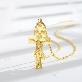 AEONSLOVE Gold Orthodox Cross Necklace for Men Women 925 Sterling Silver Russian Orthodox Cross Pendant Golden Eastern Orthodox Crucifix Necklaces Jesus Cross Pendants Jewelry Religious Gifts