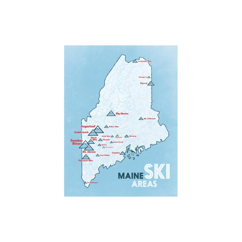 Maine Ski Resorts Map 18x24 Poster (White & Light Blue)