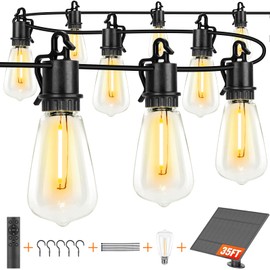 OOOLED 35FT Solar String Lights Outdoor Waterproof with Remote, 2700K Shatterproof ST38 Vintage Edison Bulbs, Dimmable Outside Hanging Lights for Patio, Garden, Camping, Deck, Backyard Decor