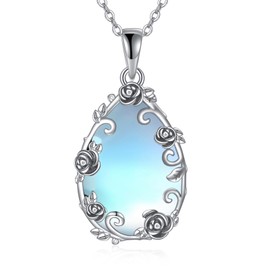 ONEFINITY Moonstone Rose Flower Necklace 925 Sterling Silver Teardrop Moonstone Pendant Jewellery Birthday Gifts for Women Wife Girls Her Lady Girlfriend Mom, Sterling Silver Sterling silver