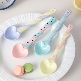 Generic 2 Pcs Couple Heart Shape Spoon Dessert Spoon Valentine's Day Birthday Gift, Pink Ceramic