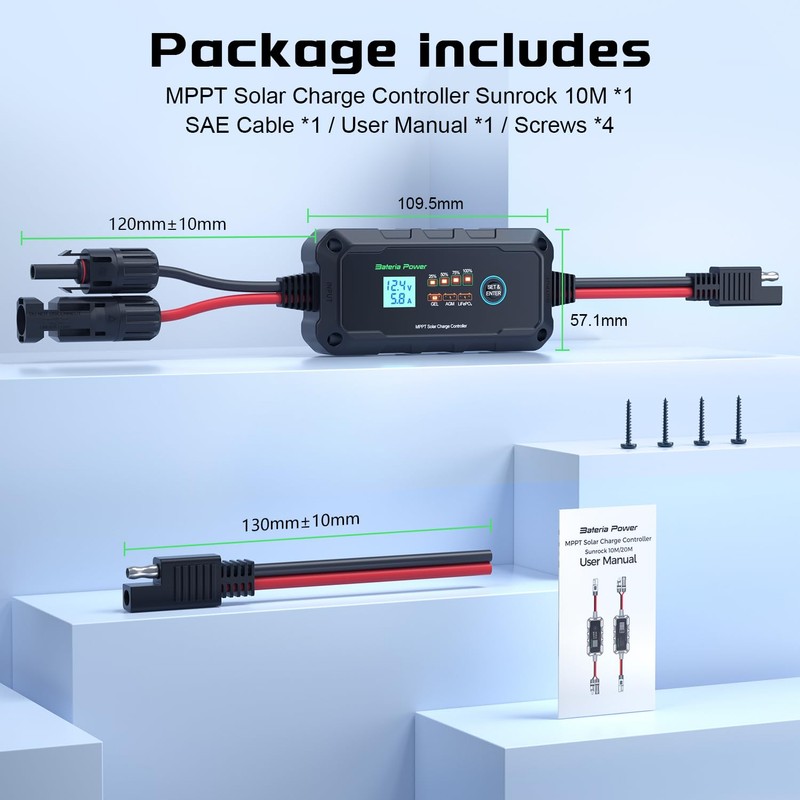 Bateria Power 10A 12V MPPT Solar Charge Controller, Intelligent Solar
