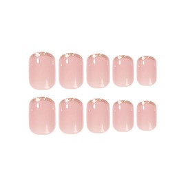 Short Press on Nails French Fake Nails with Gold Glitter Designs - Square Acrylic Nails Ombre Translucent Glue on Nails Simple Glossy Stick on Nails for Women 24 Pcs