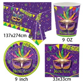 Mardi Gras Mask Party Tableware, Party Tableware Decoration with 61 Pieces Including Cups, Plates, Napkins, Tablecloths, Suitable for a Mardi Gras Party for 20 People