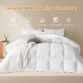 LeWinBedding Luxury Goose Feathers Down Comforter Twin Size,All Season Fluffy Duvet Insert,750 Fill Power Hotel Quality Bed Comforter with 8 Tabs(White,68x90 inches)