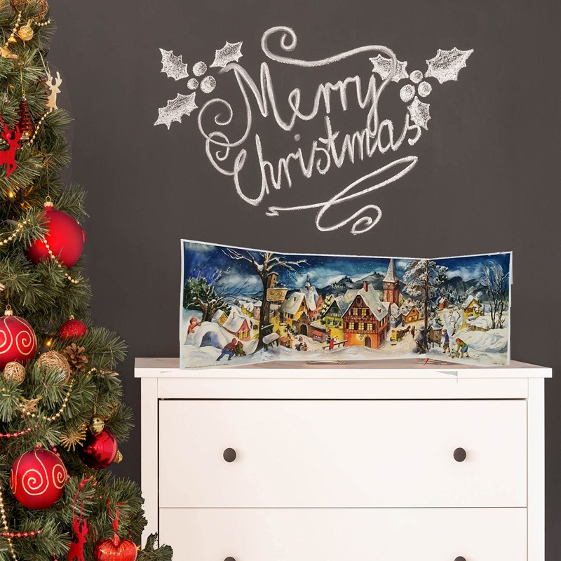 Nostalgischer Adventskalender/Weihnachtskalender mit Bildern und Glimmer "Kleines Dorf im Winter"