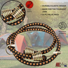 ATE Pro. Tools USA - 48" Inch Industrial Bungee Cord 12 Pack - Super Heavy Duty, Strong Metal Hooks, Bungee Straps for Bikes, Camping, Outdoor, Tie Downs, Weatherproof, Durable Elastic, Secure Cargo
