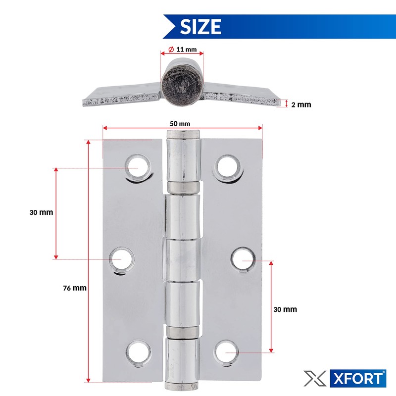 XFORT 3 inch (75mm) Polished Chrome Ball Bearing Hinges, Steel