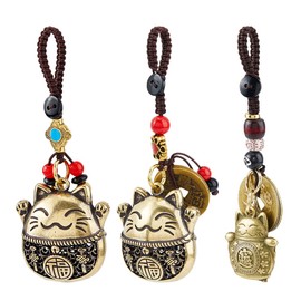 SUPERFINDINGS 3Pcs 3 Styles Maneki Neko Lucky Cat Keychains Feng Shui Coin keychain Lucky Keyring Brass Key Chain with Five Emperors Money Good Luck Pendants Decor for Car Keys Bag Purse, 13-14cm