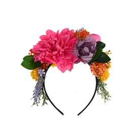 Vividsun Frida Kahlo Mexican Flower Crown Day of the dead Headpiece Party Fiesta Flower Headband (Pink fuchsia green leaf)