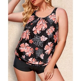 Yonique Plus Size Tankini Swimsuits for Women Blouson Tankini Tops with Swim Shorts Two Piece Bathing Suits, Black Orange Floral, 18 Plus