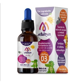 VITALKIDS Vitamina D3 VITALMIN, 180 gotas, 6 ml. Suplemento alimenticio en solucin de aceite de coco.                                                 