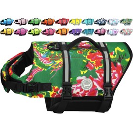 VIVAGLORY Ripstop Dog Life Jacket for Small Medium Large Dogs Boating, Dog Swimming Vest with Enhanced Buoyancy & Visibility, Northeast Florals-Green
