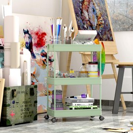 SPACEKEEPER Rolling Storage Cart 3 Tier, Bathroom Cart Organizer Laundry Room Organizer Utility Cart Mobile Shelving Unit Multi-Functional Shelves for Office, Kitchen, Bathroom, Green