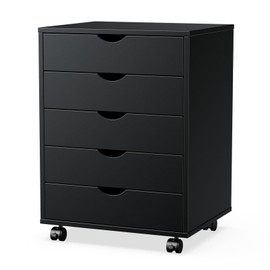 Whitmor 5-Drawer Wood Dresser with Wheels, Mobile Storage Cabinet for Home Office, Small Rolling Chest Organizer for Bedroom, Closet, Under Desk or Room Organization, Black