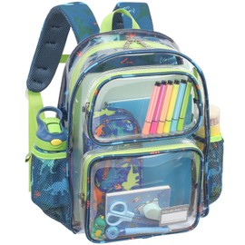Bagseri Clear Backpack for Kids - 15 Inch Clear Bookbag for Boys Aged 3 to 8 Heavy Duty Transparent Backpack for School, Safe Reflective Strip, Cute Fabric Back Panel, Green Dinosaur