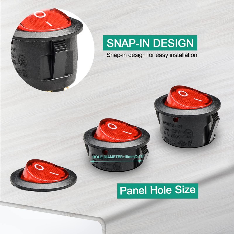 QTEATAK KCD1 On/Off 3-Pin 2-Position Snap 10A/125V, 6A/250V Red LED