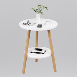 OERGKE Round End Table, Small Side Tables with Lower Shelf, Coffee Table, Bedside Table, Mid Century Modern Nightstand for Living Room, Bedroom, Corners and Office (White)