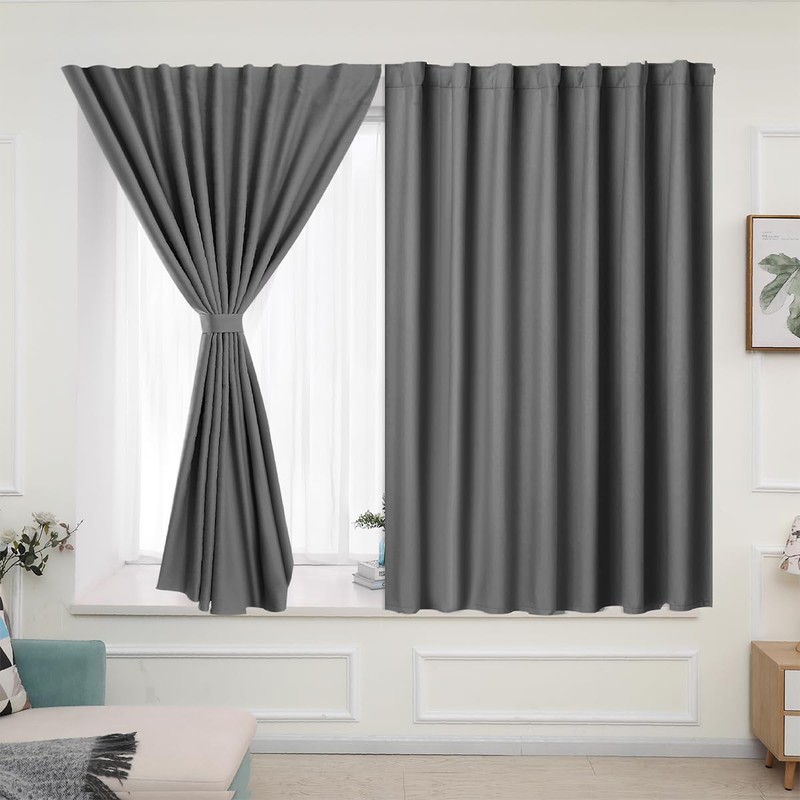 Muamar Velcro Blackout Curtains for Bedroom 2 Panels with Tiebacks(Grey,
