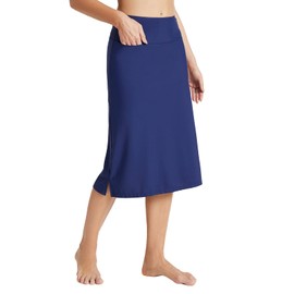 BALEAF Women's 28" Midi Length Long Swim Skirts with Legging Modest High Waisted Tankini Skirt Bottom UPF 50+, Dark Blue, X-Large