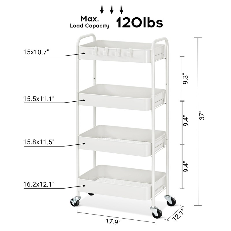 TOOLF 4-Tier Metal Rolling Cart with Wheels, Storage Utility Organizer