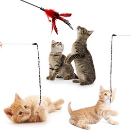MCT PETS Interactive Spring Feather Cat Wand Toy – Bell Teaser Stick for Indoor Play and Exercise (3 Pack)