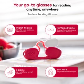 NOOZ Armless Reading Glasses for Women & Men – Ultra-Lightweight 6g - Presbyopia Readers with Keychain Case - Rectangular - Orange - 1