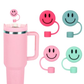 Whaline 4Pcs Gradient Color Smile Face Straw Covers 0.4 Inch Pink Green Silicone Reusable Round Straw Topper Double Sided Pattern Straws Tip Covers for 30 & 40 OZ Tumbler with Handle