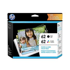 HP 62 | 2 Ink Cartridges with Assorted Photo Paper | Black, Tri-color | Works with HP ENVY 5500 Series, 5600 Series, 7600 Series, HP OfficeJet 200, 250, 258, 5700 Series, 8040 | C2P04AN C2P06AN