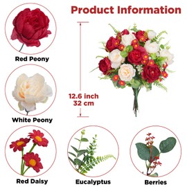 MHMJON Artificial Flowers Valentine's Day Decoration Silk Peony Bouquet Red Faux Spring Flowers Fake Floral Arrangements for Home Table Vase Wedding Centerpieces Bridal Bouquets Party Valentines Decor