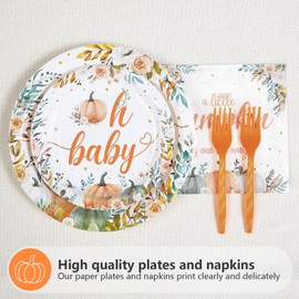 200Pcs Autumn Baby Shower Party Supplies A Little Pumpkin Is On The Way Plates and Napkins Tableware Orange Green On Baby Floral Decoration for Birthday Thanksgiving Newborn Pregnancy Serve 50