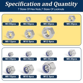 Vifmy Metric Hex Nuts & Locknuts Assortment Kit(360Pcs)，M3 M4 M5 M6 M8 M10 M12 304 Stainless Steel Assorted Hex Nuts Sets,Bright Finish
