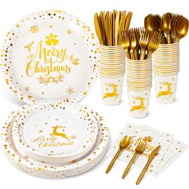 Tioncy 175 Pcs Merry Christmas Party Dinnerware Foil Dots Christmas Paper Plates Set Elk Disposable Xmas Plates Napkins Cups for New Year Wedding Birthday Baby Shower Party Supplies (White Gold)