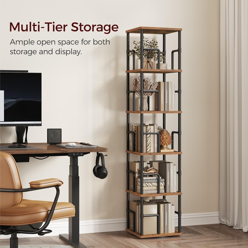 MAHANCRIS 5-Tier Rotating Bookshelf, Freestanding Corner Bookshelf, 360° Spinning Bookcase,
