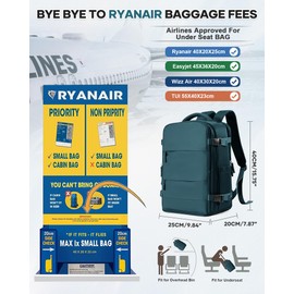 HPLQQ for Ryanair Underseat Cabin Bags 40x20x25,Carry-ons Hand Luggage Bag Travel Backpack Cabin Size for Ryanair,14 Inch Casual School Laptop Backpack with Shoes Compartment,20L,A5-Peacock Blue