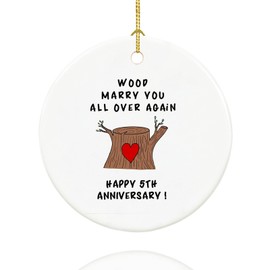 5 Year Wood Anniversary Ornament Gifts for Couple, 5 Year Marriage Anniversary for 5 Years Mr and Mrs Gifts, Ceramic Keepsake 5th Anniversary Christmas Ornaments with Ribbon and Box