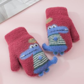 Toddler Boys Girls Dinosaur Winter Warm Knit Mittens with String Kids Baby Soft Thick Fleece Lined Gloves, Red, One Size