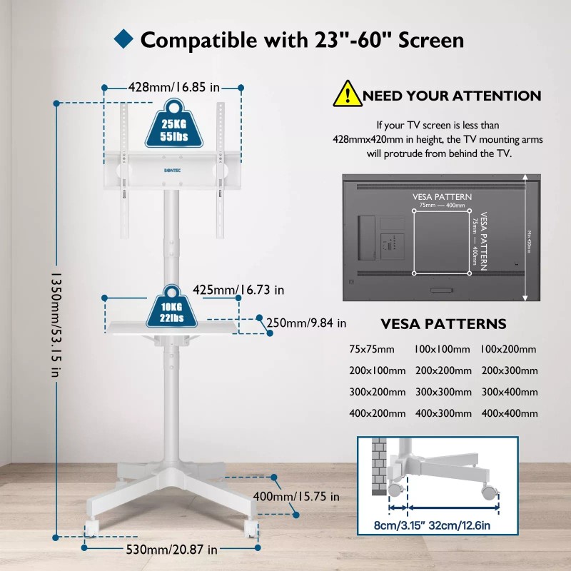 BONTEC Mobile TV Stand, Rolling TV Stand for 23-60 Inch