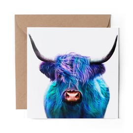 1 x Greeting Card Blue Pop Art Highland Cow Animal - Blank Birthday Celebration Anniversary #21683