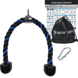 Break Limitz Blue Tricep Rope Pull Down & Poster Set | 27 or 36 Inch Heavy Duty Nylon Rope, Chrome Cable Attachment | Professional or Home Gyms | Includes Workout Poster, Snap Hook, Bag