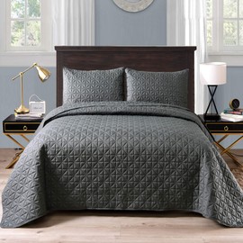 Exclusivo Mezcla 3-Piece King Size Quilt Set with Pillow Shams, Grid Quilted Bedspread/Coverlet/Bed Cover(96x104 Inches, Steel Grey) -Soft, Lightweight and Reversible