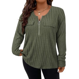 Gemulate Long Sleeve Tops Women Plus Size Jumpers Plus Size Jumpers for Women Casual Zip Up Ladies V Neck Jumpers Loose Lightweight Sweatshirts Sweater - Army Green, 3XL